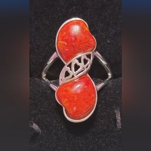 Red heart-shaped sponge coral Rhodium Over Sterling Silver Ring Size 8,